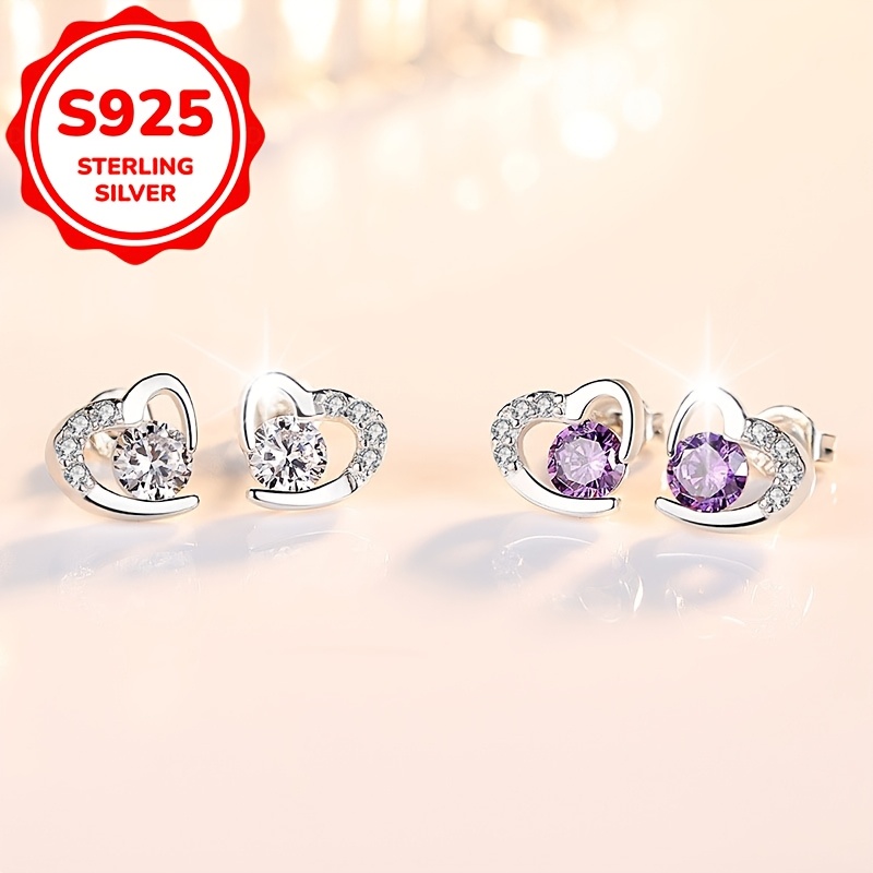 2pcs Women's S925 Pure Silver Heart Stud Earrings